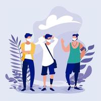 Men with masks and leaves outside vector design