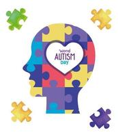 world autism day with head profile and puzzle pieces vector