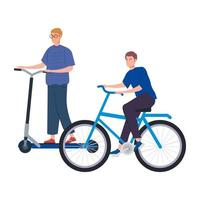 Hombres jóvenes con carácter de avatar de scooter y bicicleta vector
