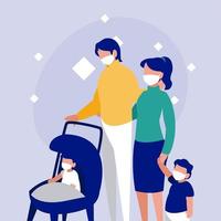 Family with masks in front of circle vector design