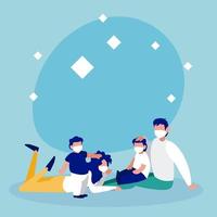 Family with masks in front of circle vector design