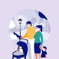 Family with masks at park in front of city vector design