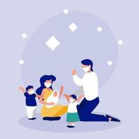 Family with masks in front of circle vector design