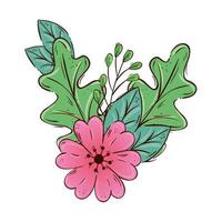 Linda flor rosa con rama y hojas icono aislado vector