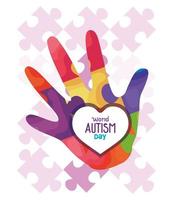 world autism day with hand and puzzle pieces vector