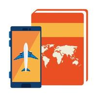 avión en smartphone con libro atlas vector