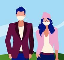 Woman and man avatar with mask outside vector design