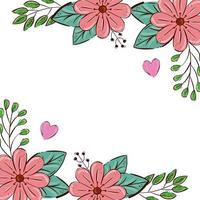 frame of flowers pink color with leafs and hearts vector
