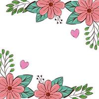 frame of flowers pink color with leafs and hearts vector