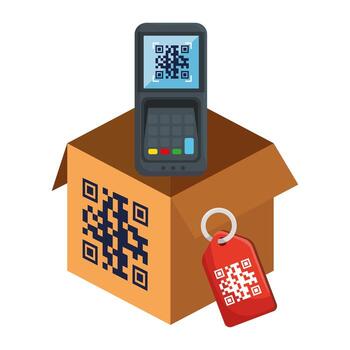 código qr dentro de la caja del datáfono y diseño de vector de etiqueta