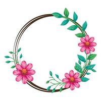 frame circular of flowers pink color with leafs natural vector