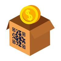 código qr sobre diseño de vector de caja y moneda