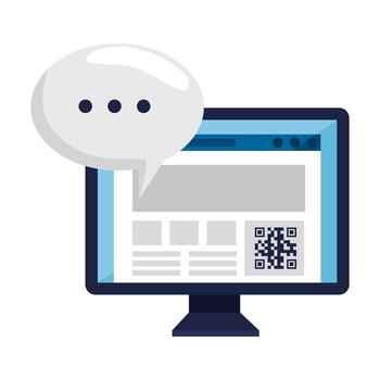 código qr dentro de computadora y diseño de vector de burbuja
