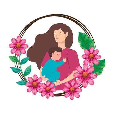 woman pregnant carrying baby boy in frame of flowers