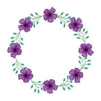 frame circular of flowers purple with branches and leafs vector