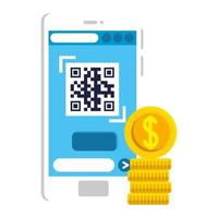 qr code inside smartphone and coins vector design