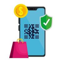 qr code inside smartphone coin shield and bag vector design