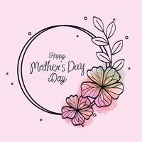 Feliz día de la madre tarjeta y marco circular con decoración de flores.