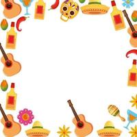 guitarras mexicanas botellas de tequila chillis calaveras cócteles y flores marco diseño vectorial vector