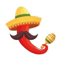 Sombrero de chile mexicano aislado bigote y diseño vectorial maraca vector