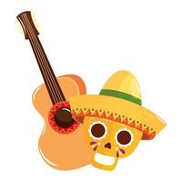Calavera mexicana aislada con diseño de vector de sombrero y guitarra