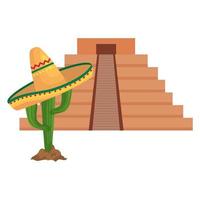 Pirámide mexicana aislada y cactus con diseño de vector de sombrero