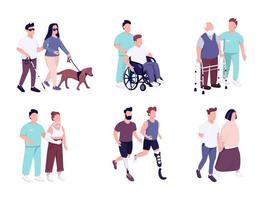 People with disability activities flat color vector faceless characters set