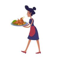 Woman holding roasted turkey flat cartoon vector illustration