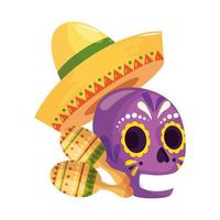 Sombrero de calavera mexicana aislada y diseño vectorial de maracas vector