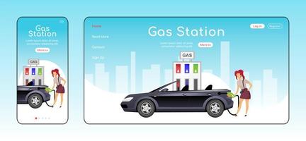 plantilla de vector de color plano de página de aterrizaje sensible de gasolinera