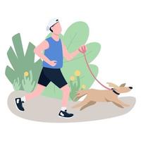 Jogger with dog flat color vector faceless character