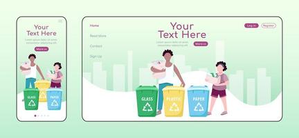 Containers for garbage sorting adaptive landing page flat color vector template