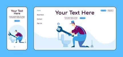 Plumbing services adaptive landing page flat color vector template