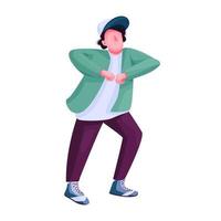 Young man showing dance movements flat color vector faceless character