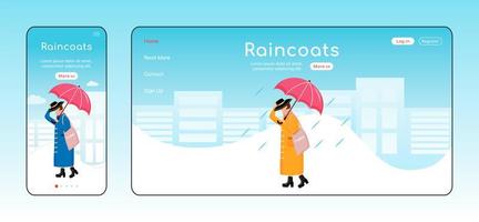 Raincoats landing page flat color vector template