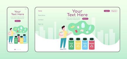 Trash sorting adaptive landing page flat color vector template