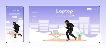 Laptop theft adaptive landing page flat color vector template