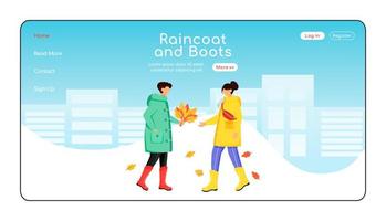 Raincoat and boots landing page flat color vector template