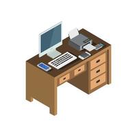 Isometric Office Desk On White Background vector