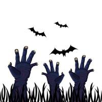 hands of zombie for halloween with bats flying vector