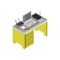 Isometric Office Desk On White Background vector