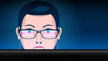 Close Up Woman in Glasses on Work Computer vector