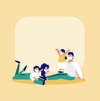 Family with masks in front of frame vector design