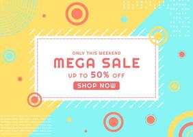 Mega sale banner dashed line style backdrop in bright colors with modern round shapes vector