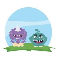 funny monsters couple in the field characters colorful vector