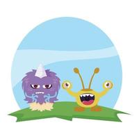 funny monsters couple in the field characters colorful vector