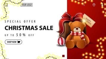 Special offer, Christmas sale, up to 50 off, white and red discount banner for website with present with Teddy bear vector