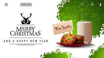 Merry Christmas and Happy New Year, white and green card for website with beautiful greeting logotype and cookies with a glass of milk for Santa Claus vector