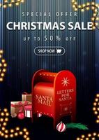 Special offer, Christmas sale, up to 50 off, vertical dark and blue discount banner with Santa letterbox with presents vector