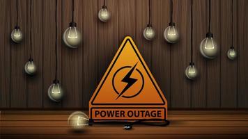 Power outage, yellow warning logo on the background of wooden wall and dull light bulbs vector